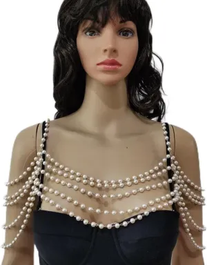 Fashion Women Handmade Imitation Pearls Chains Jewelry White Plastic Pearls Top Costume Neck Shoulder Jewelry