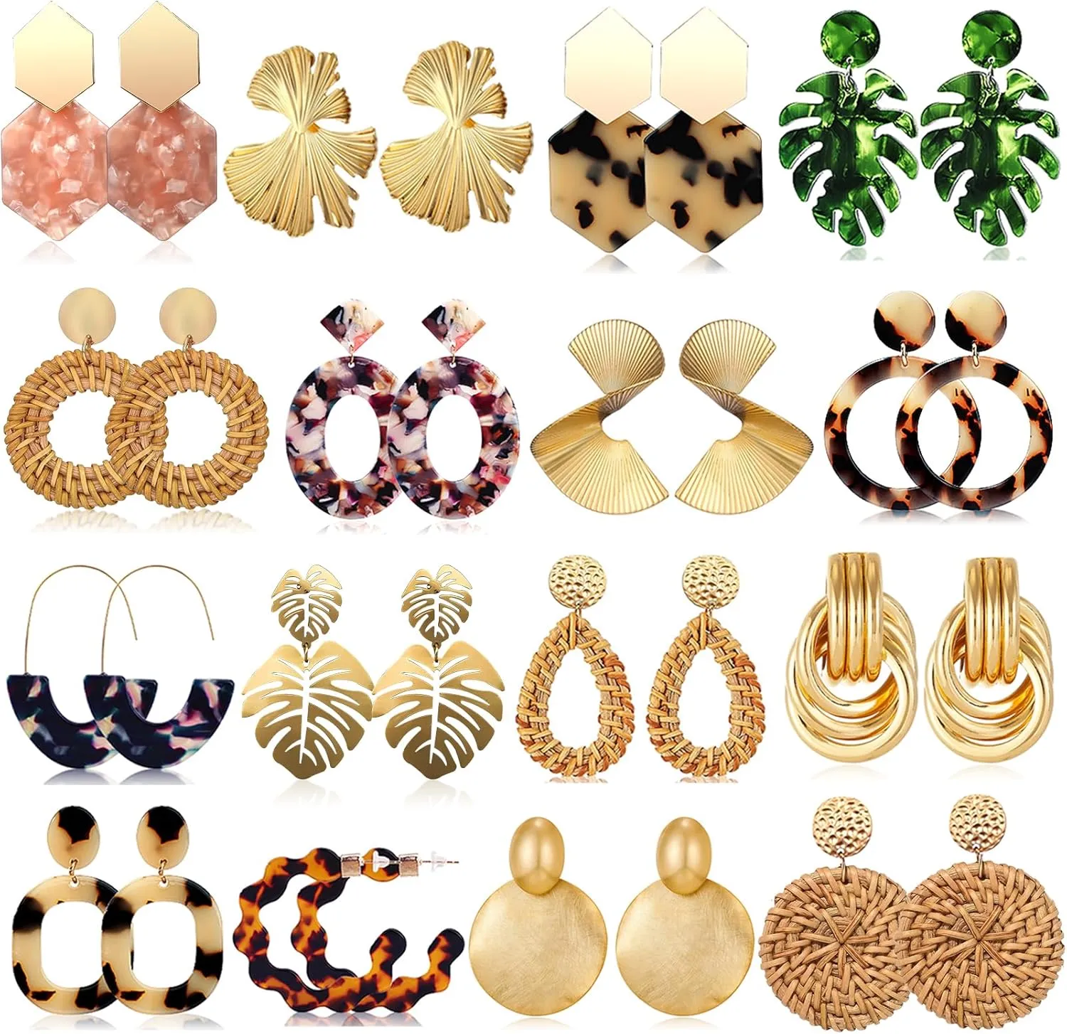 FIFATA Statement Earrings for Women Rattan Earrings Big Gold Geometric Drop Dangle Earrings Set Beach Essentials Hypoallergenic for Sensitive Ears