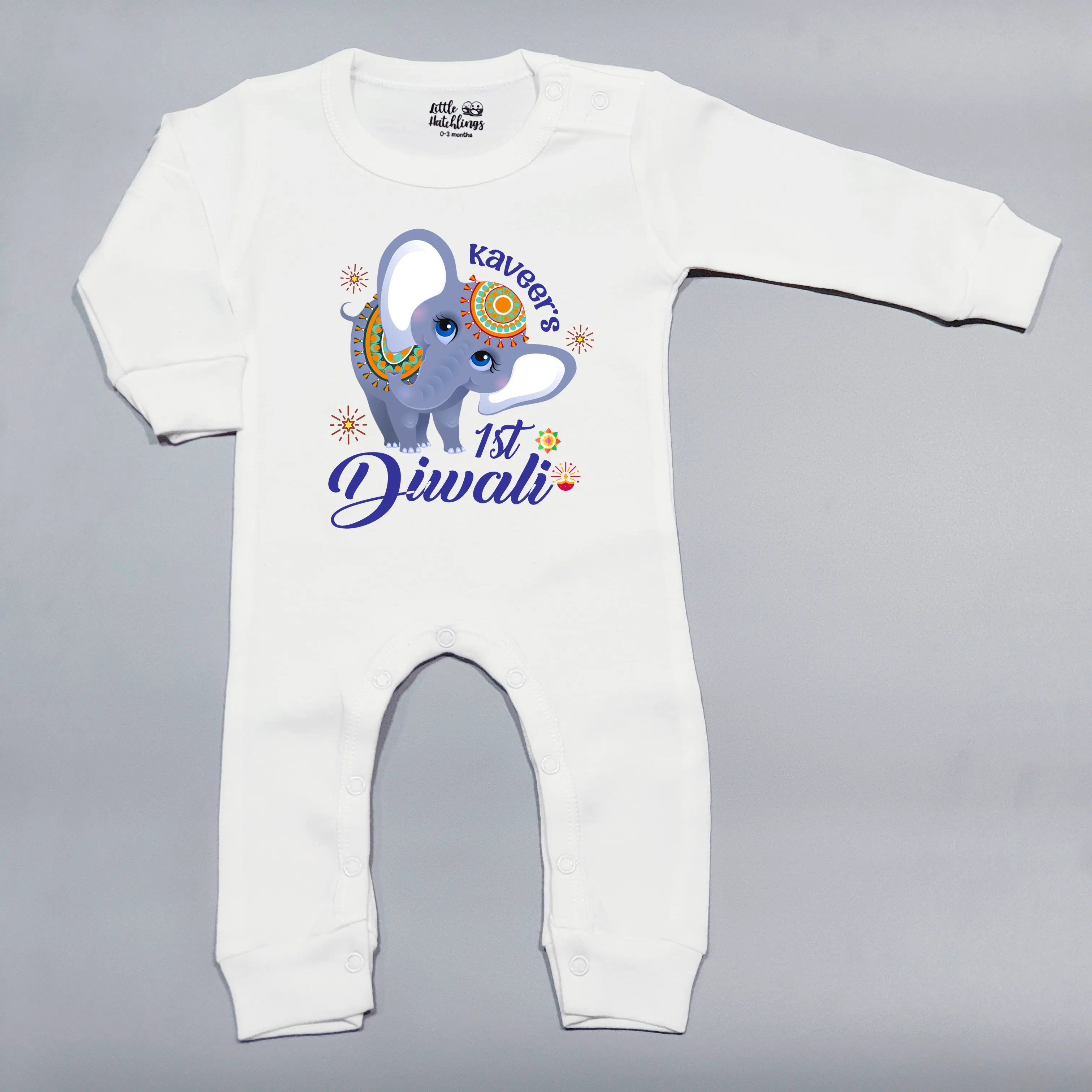 First Diwali With Name White Onesie /Full Romper/ Tshirt (Elephant Blue)