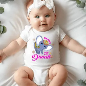 First Diwali With Name White Onesie /Full Romper/ Tshirt (Elephant Pink)
