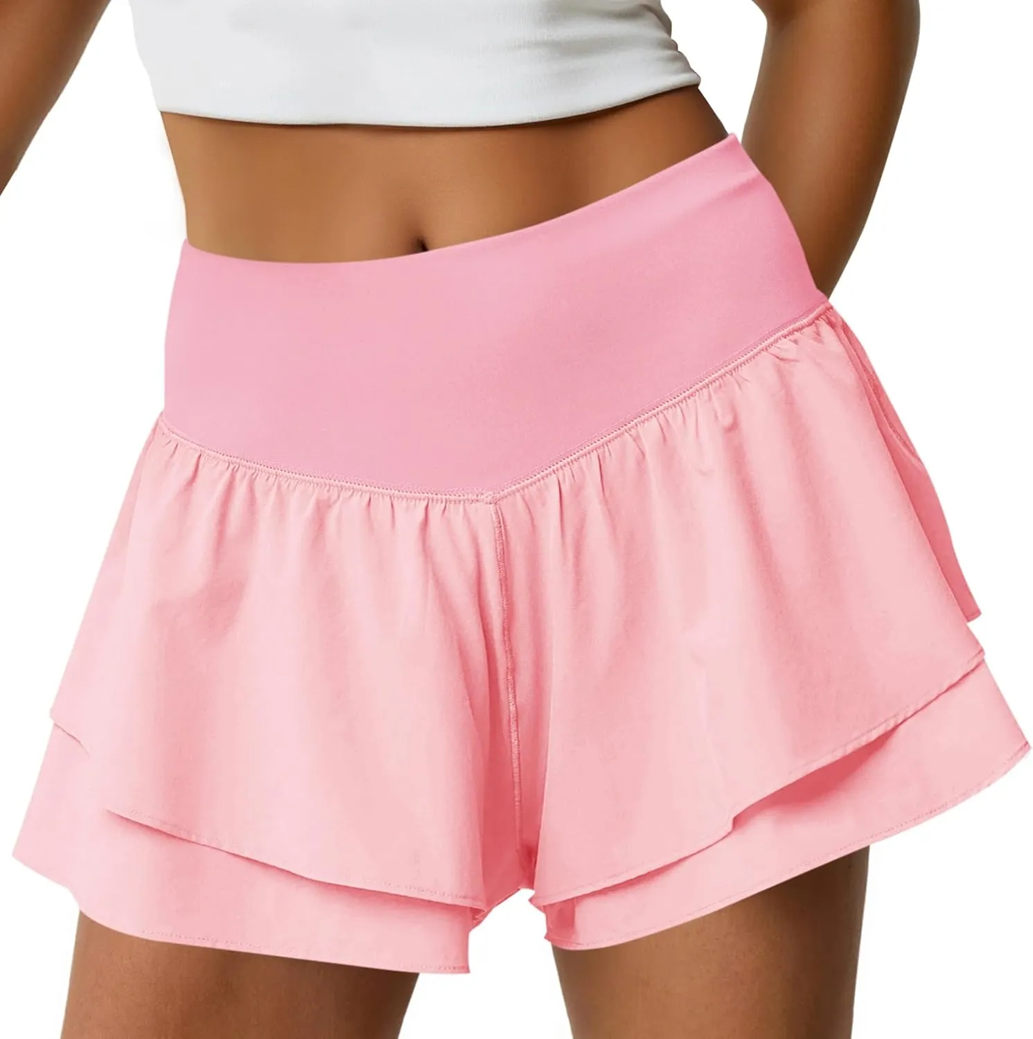 Fisoew Womens High Waisted Athletic Shorts Ruffle Tiered Running Workout Tennis Shorts with Build in Shorts