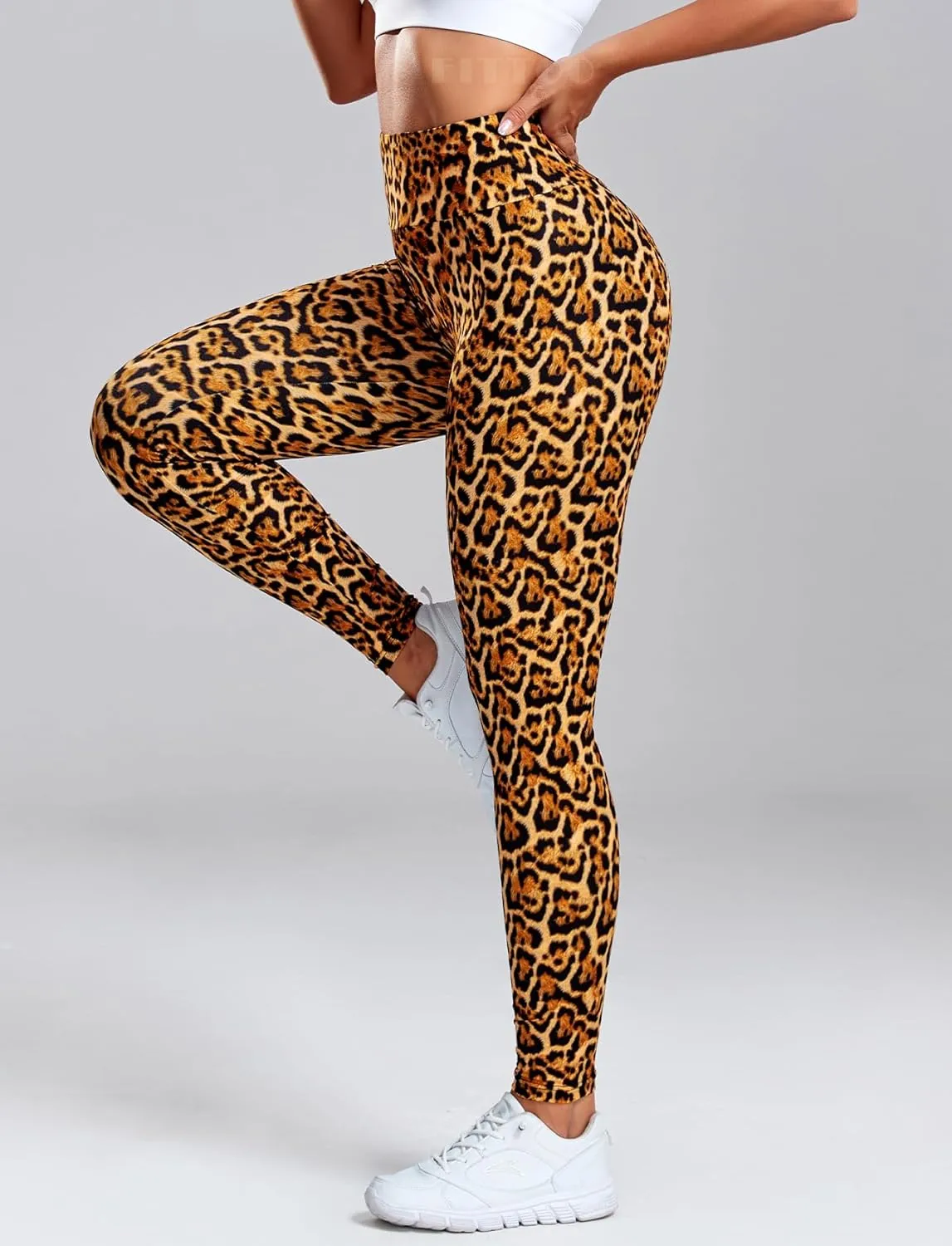 FITTOO Scrunch Butt Lift Leggings for Women Ruched Booty Leopard Animal Print Workout Leggings