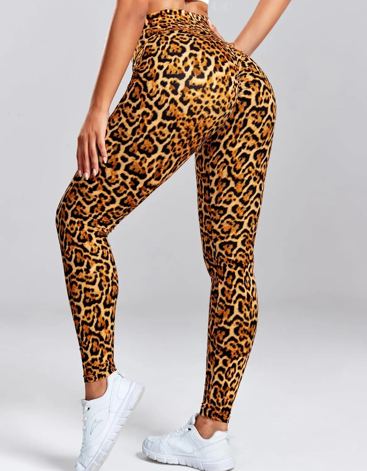 FITTOO Scrunch Butt Lift Leggings for Women Ruched Booty Leopard Animal Print Workout Leggings
