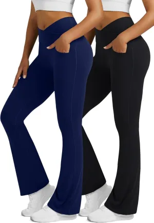Flare Leggings for Women with Pockets 2pack High Waisted Crossover Flare Leggings Bootcut Yoga Pants