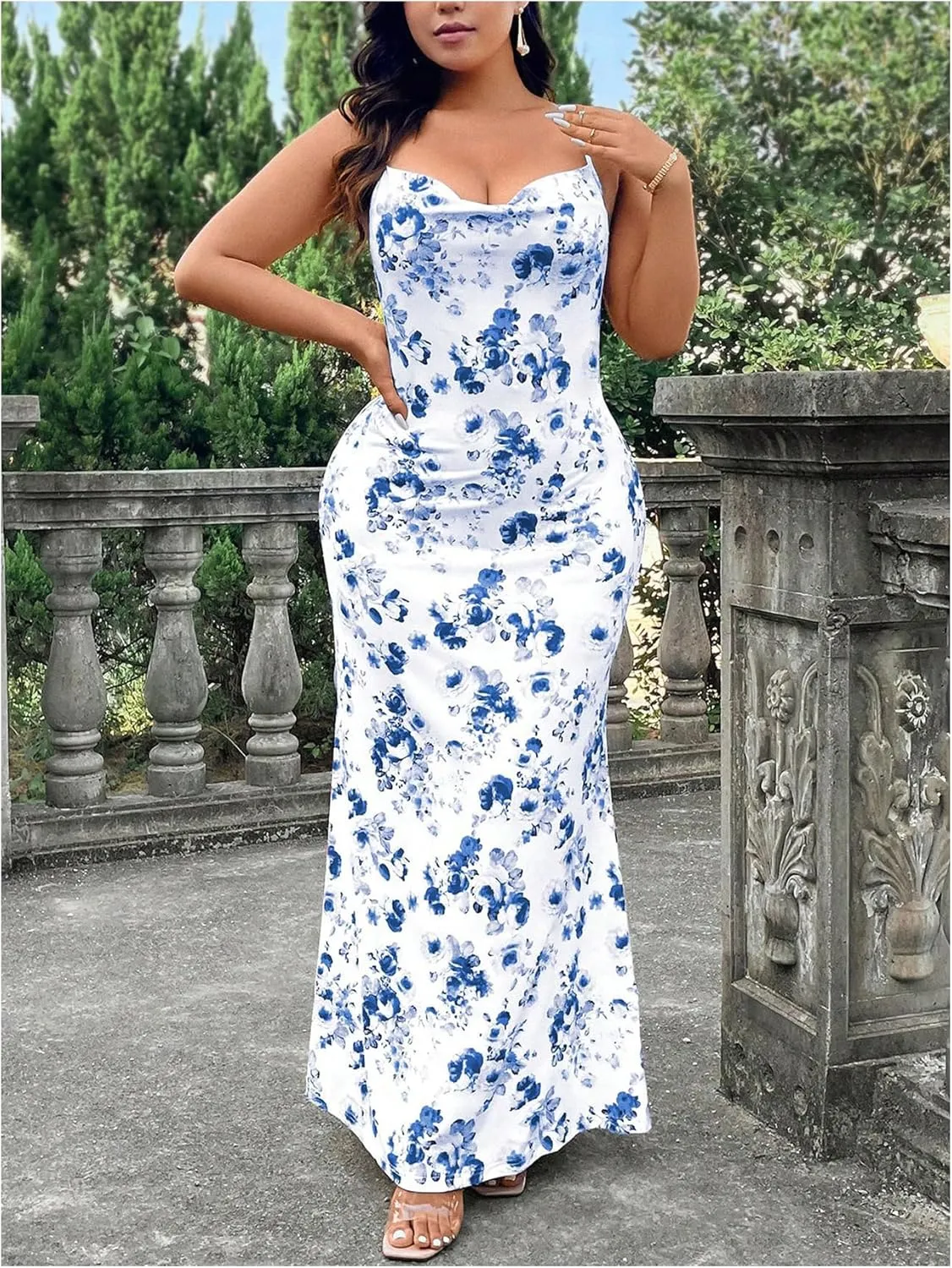 Floerns Women's Plus Size Floral Print Sleeveless Cowl Neck Criss Cross Maxi Cami Dresses