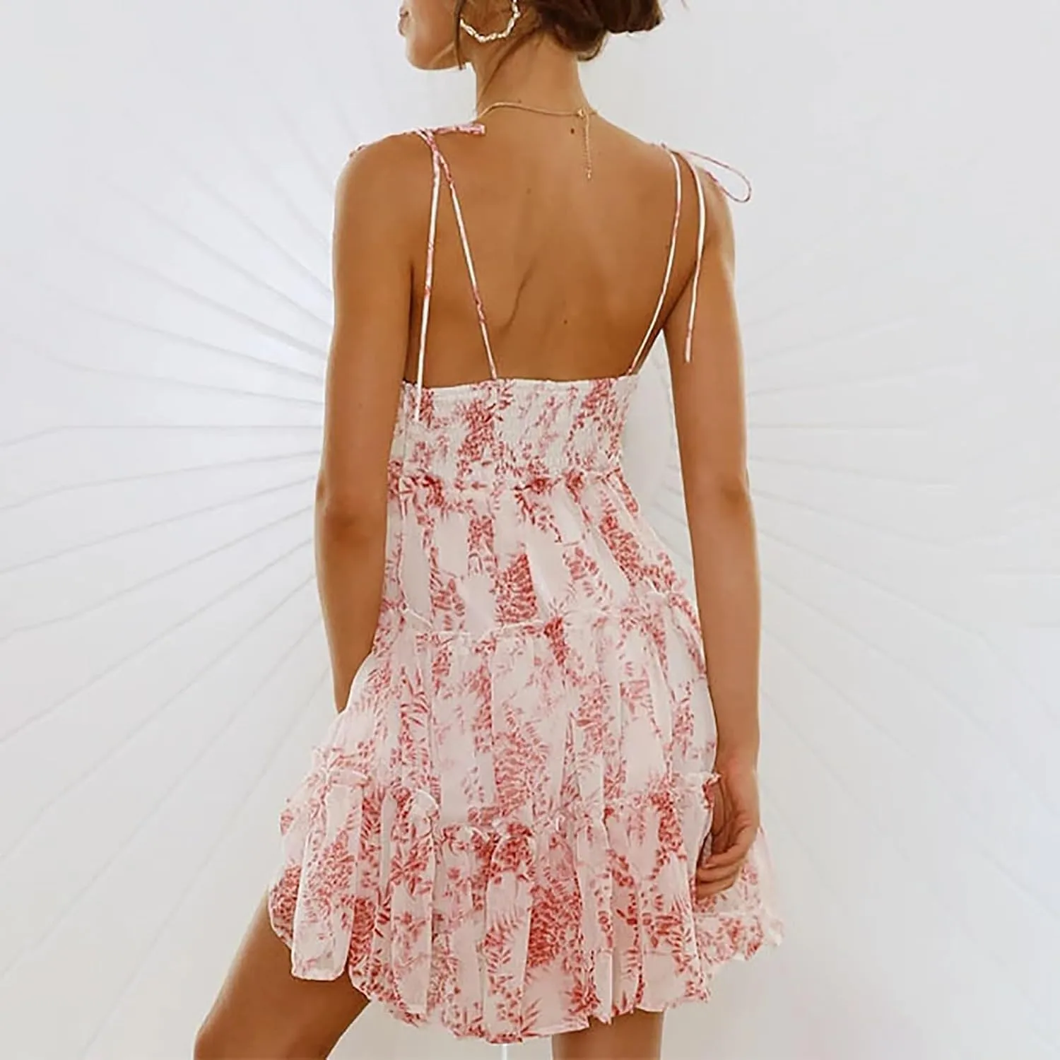 Floral Sundress for Women Cute Spaghetti Strap A Line Chiffon Mini Dress Boho Summer Casual Tiered Sundresses