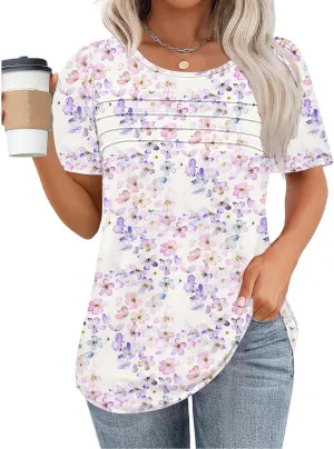 Floral Tops for Women Short Sleeve Crew Neck Casual Tops Trendy Boho Blouses Tshirt Loose Fit Tunic Hawaiian Shirts