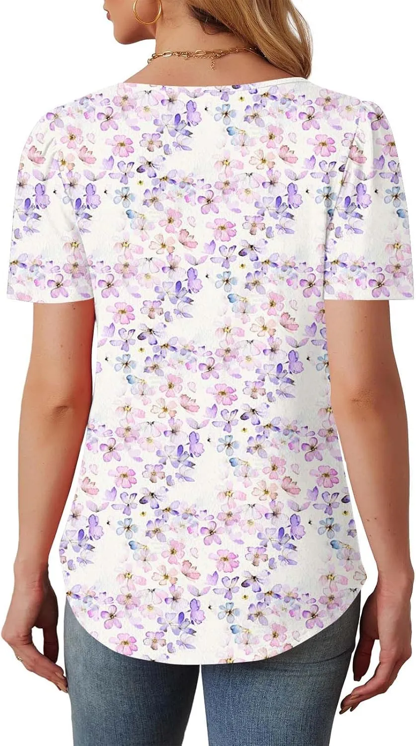 Floral Tops for Women Short Sleeve Crew Neck Casual Tops Trendy Boho Blouses Tshirt Loose Fit Tunic Hawaiian Shirts