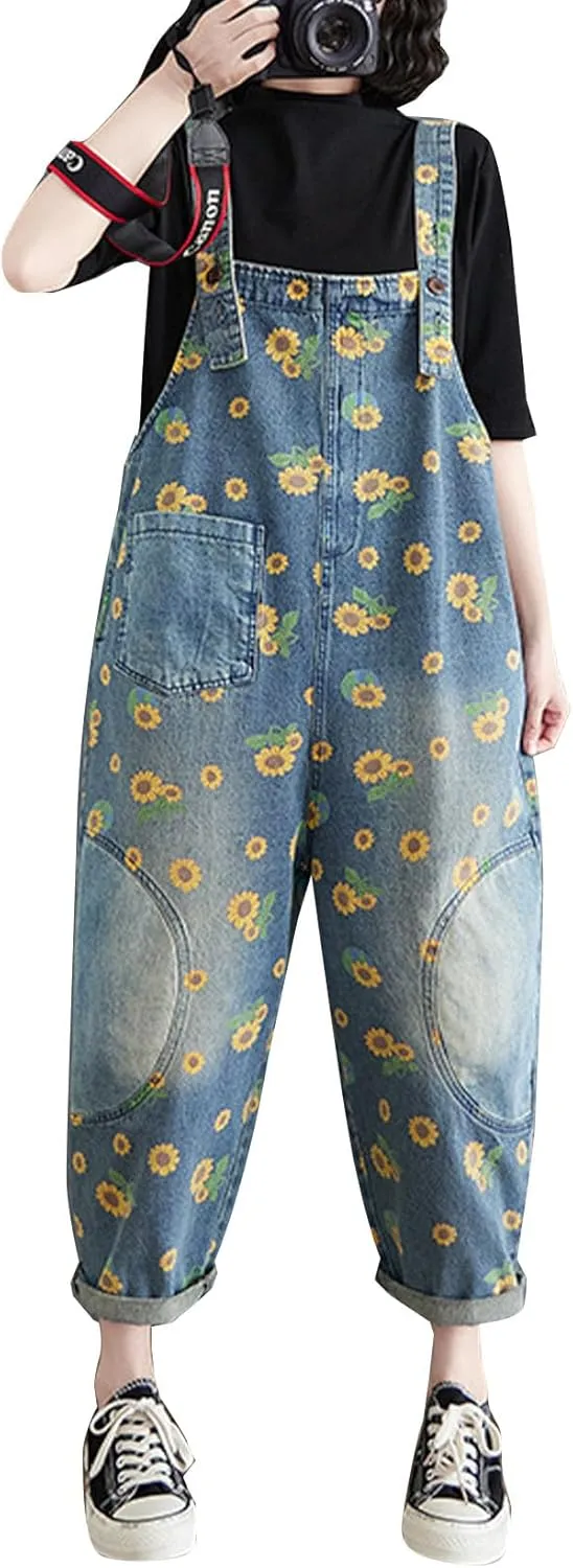 Flygo Womens Overalls Loose Floral Printed Distressed Denim Jeans Cropped Harem Pant Baggy Jumpsuits with Pockets(Style05Blue-L)