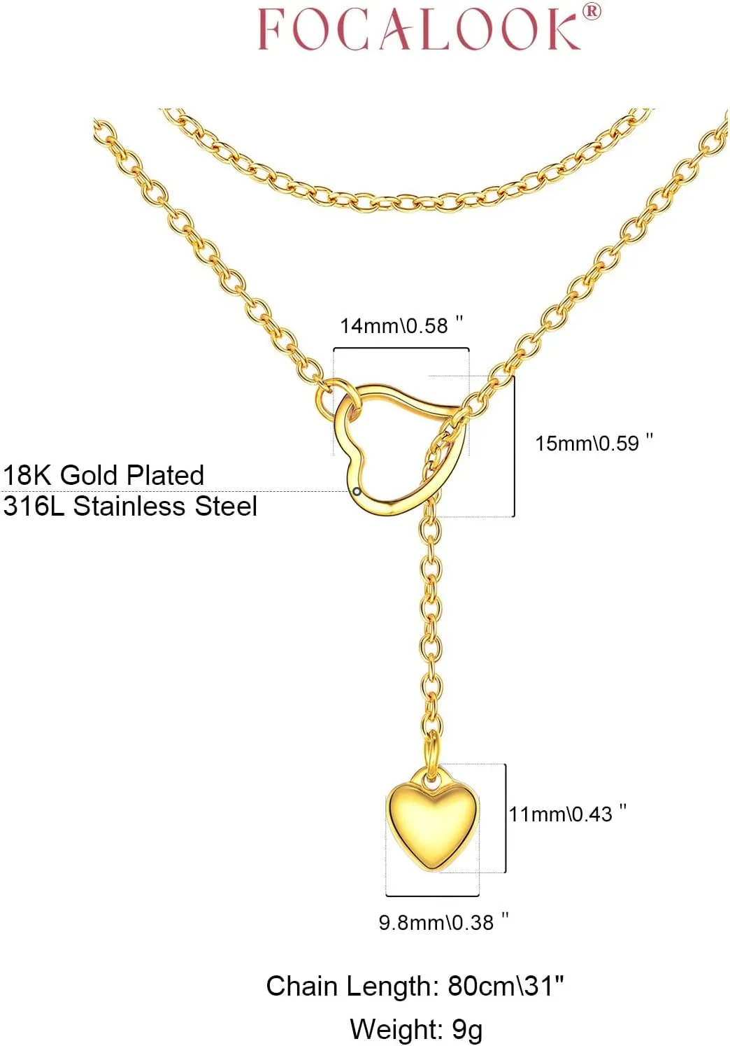 FOCALOOK Lariat Y-Necklaces | Long Necklaces for Women | Long Black Necklaces | Gold Necklaces for Women | Drop Heart Necklaces for Women | Front Adjustable Long Chain Necklace