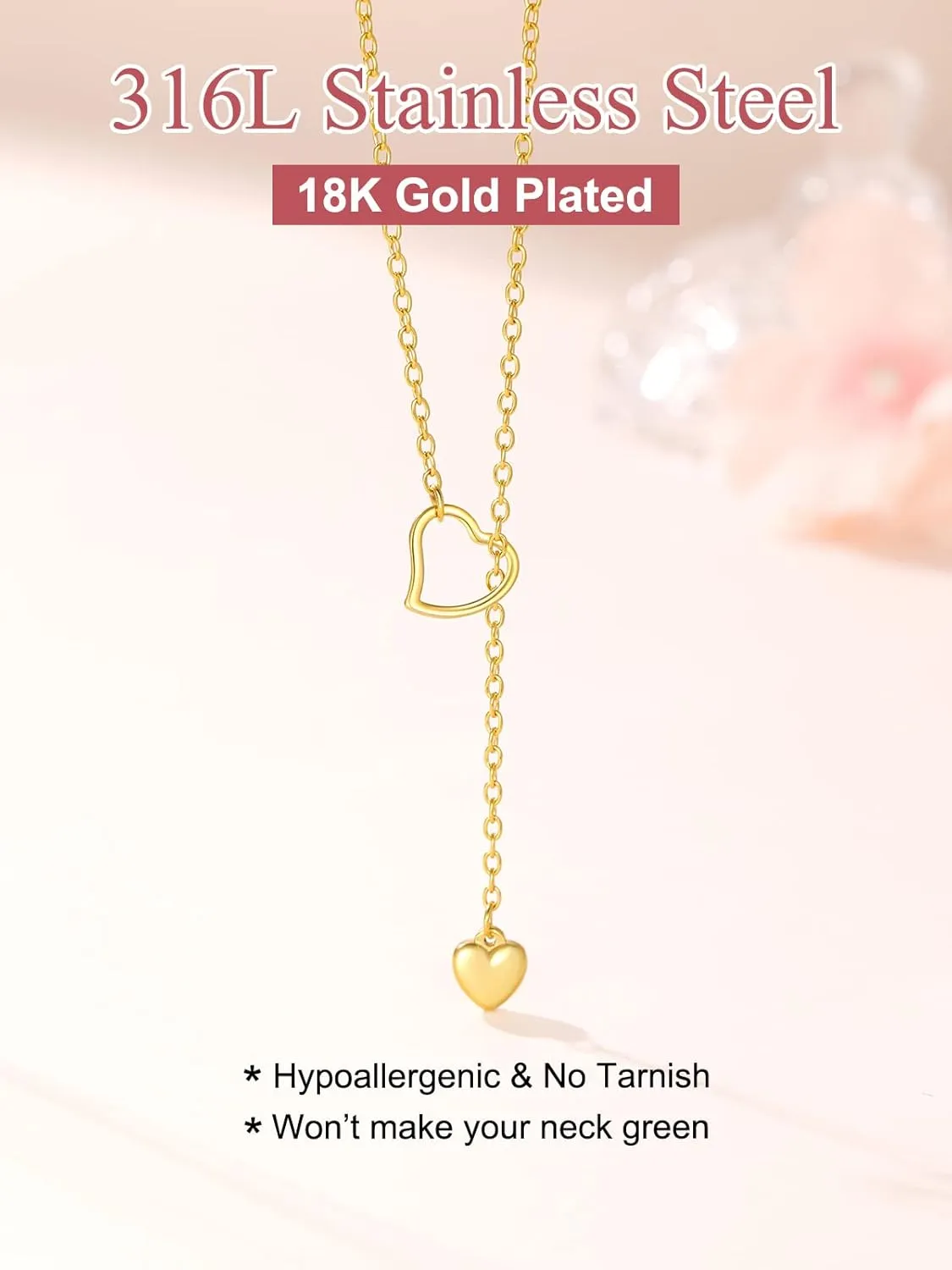 FOCALOOK Lariat Y-Necklaces | Long Necklaces for Women | Long Black Necklaces | Gold Necklaces for Women | Drop Heart Necklaces for Women | Front Adjustable Long Chain Necklace