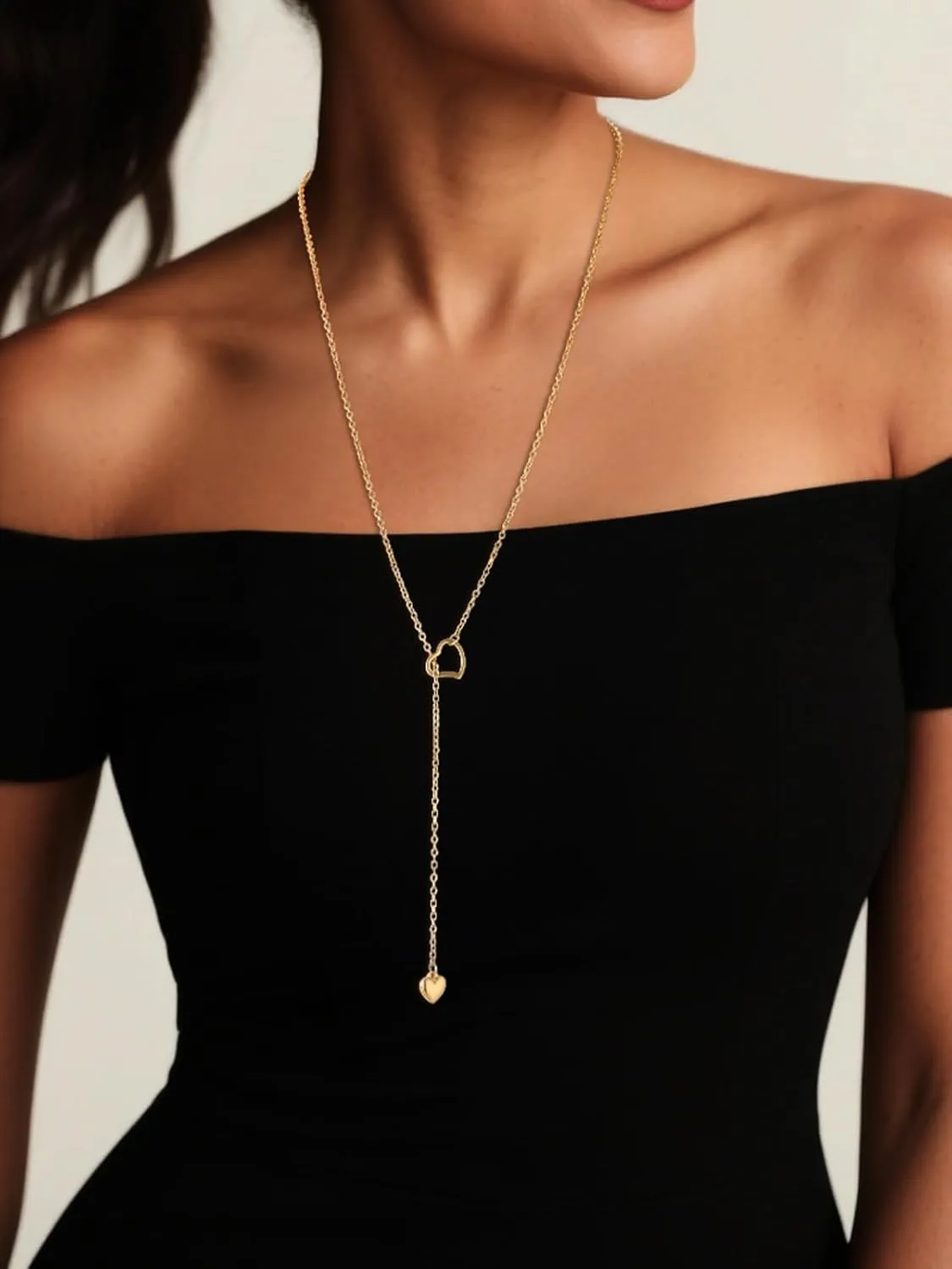 FOCALOOK Lariat Y-Necklaces | Long Necklaces for Women | Long Black Necklaces | Gold Necklaces for Women | Drop Heart Necklaces for Women | Front Adjustable Long Chain Necklace