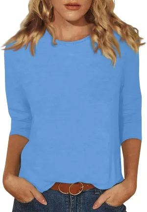 FONMA 3/4 Sleeve Tops for Women Casual Solid/Floral Printed Crewneck T Shirt Loose Fit Three Quarter Length Tunic Top Blouse