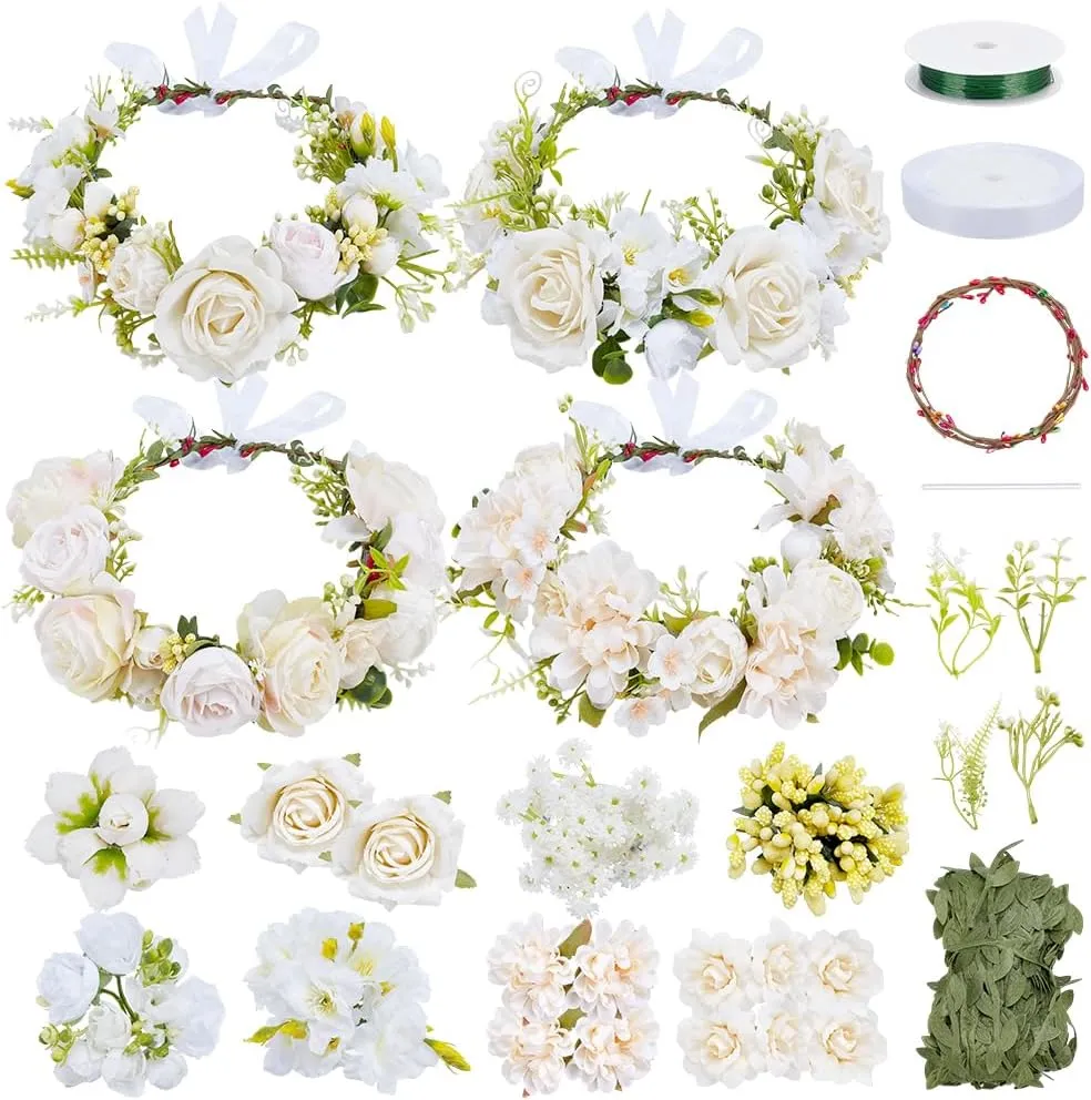 FREEBLOSS 100 pcs White Floral Crown DIY Kit Flower Crowns Making Kit DIY Floral Crown Garland Kit Wedding Hair Accessories Handmade Make Your Own Flower Wreath Crown Decorating Kit for Party
