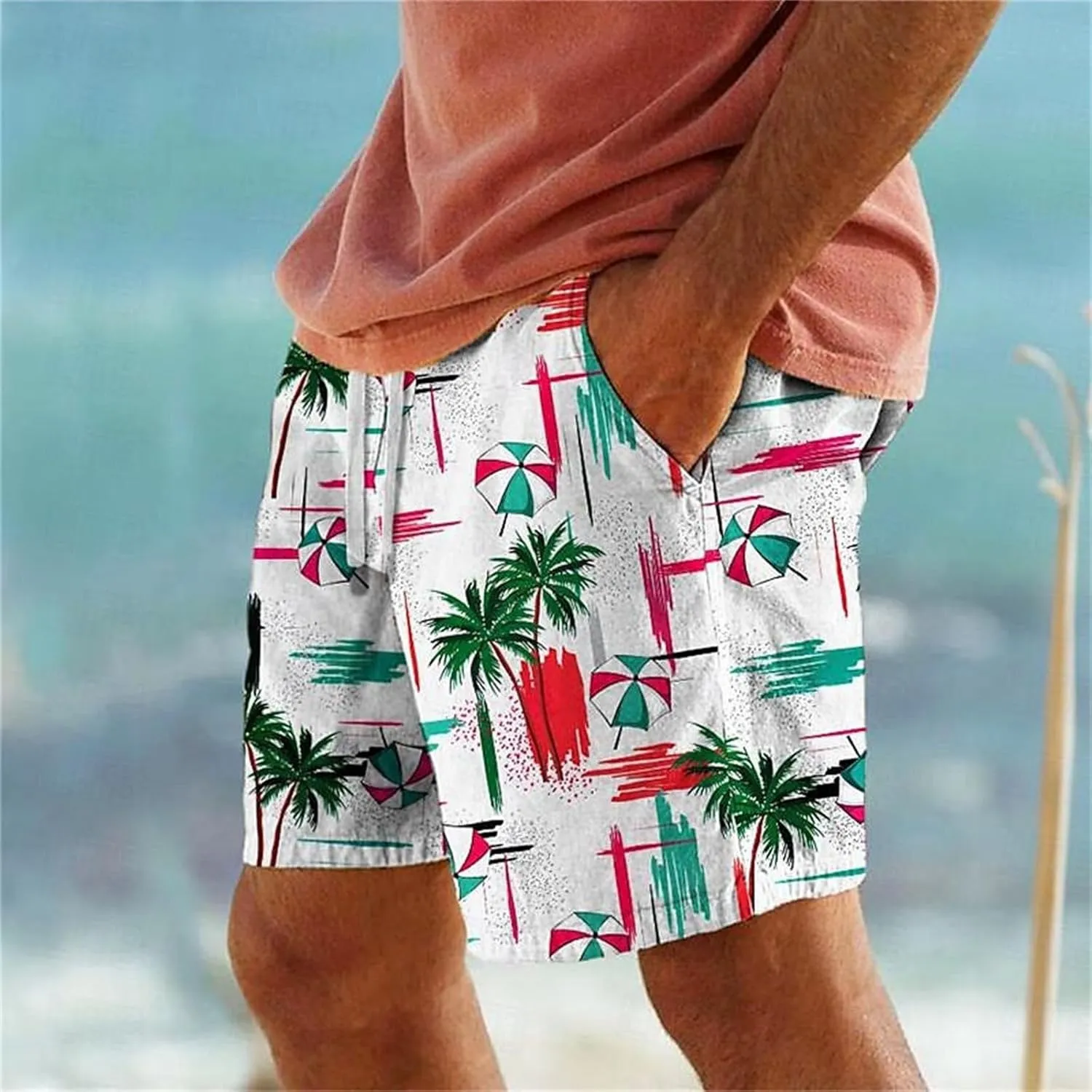 Funny Beach Shorts for Men Hawaiian Drawstring Elastic Waisted Casual Pants 3D Digital Print Plus Size Summer Vacation Capris