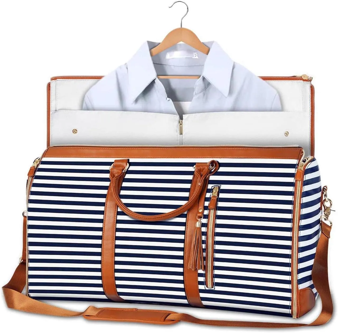 Garment Duffle Gags for Travel, Carry on Foldable Clothing Bag 2 in 1 Hanging Suit Bag Weekend Bag for Men Women-Blue&Brown