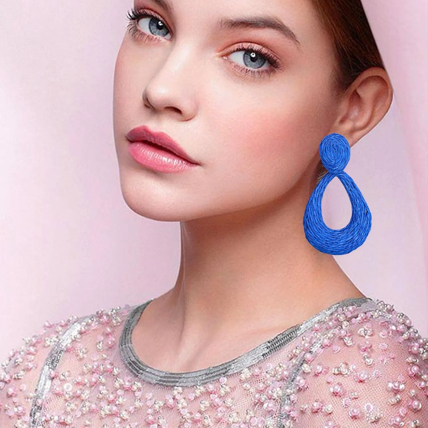 GBAHFY Boho Raffia Teardrop Stud Earrings Handmade Statement Bohemian Teardrop Dangle Earrings for Women