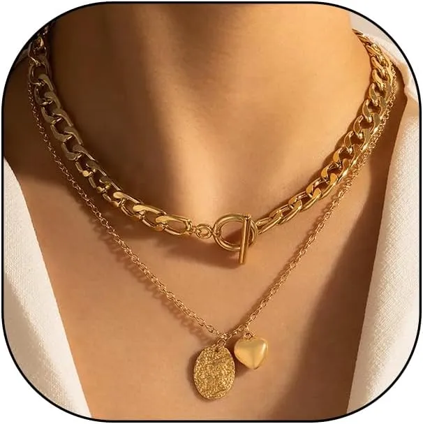 GIGB PBDK Boho Layered Coin Pendant Necklaces Set for Women Fashion Chunky 14k Gold Stackable Necklaces Set Paperclip Cuban Chain Necklace Jewelry Gifts