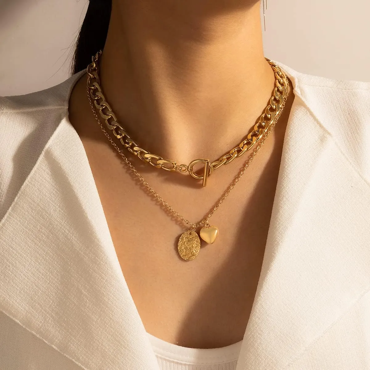 GIGB PBDK Boho Layered Coin Pendant Necklaces Set for Women Fashion Chunky 14k Gold Stackable Necklaces Set Paperclip Cuban Chain Necklace Jewelry Gifts