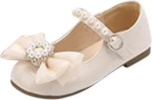 Girls Ballet Flats Bow Pearl Non-Slip Soft Mary Jane Walking Party Dress Shoes for Kids Soft Sole Wedding Shoes