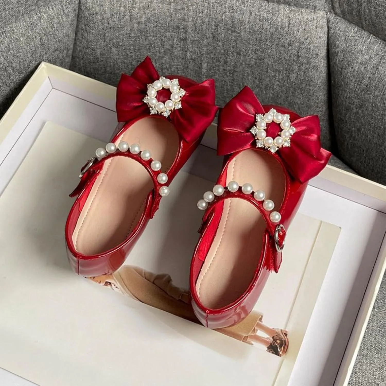 Girls Ballet Flats Bow Pearl Non-Slip Soft Mary Jane Walking Party Dress Shoes for Kids Soft Sole Wedding Shoes