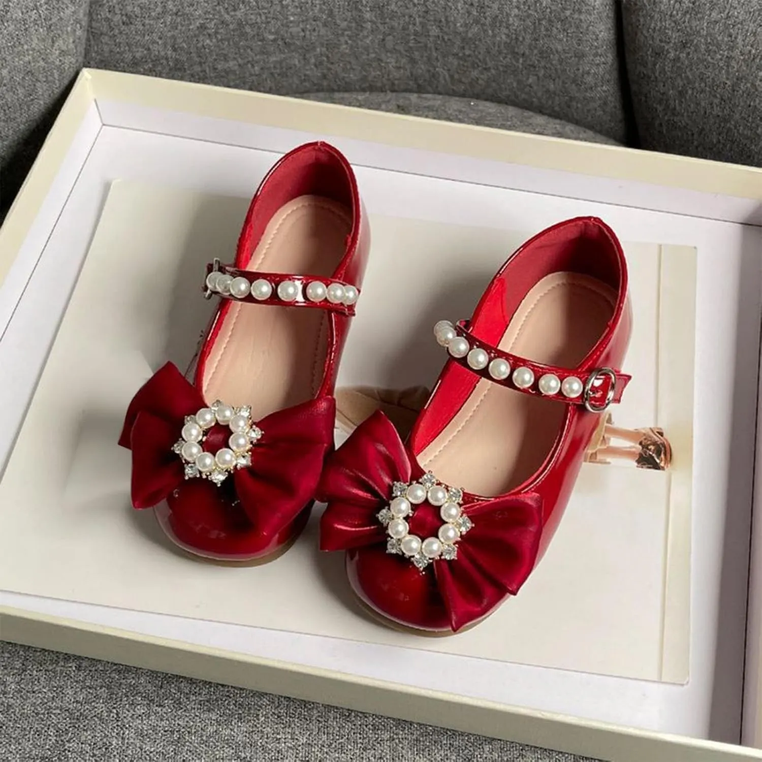 Girls Ballet Flats Bow Pearl Non-Slip Soft Mary Jane Walking Party Dress Shoes for Kids Soft Sole Wedding Shoes