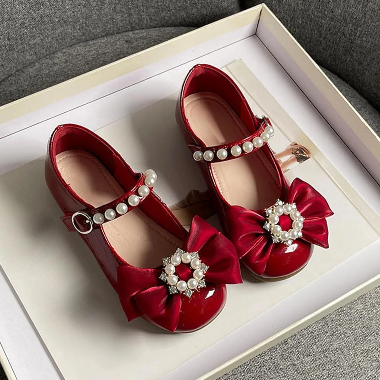 Girls Ballet Flats Bow Pearl Non-Slip Soft Mary Jane Walking Party Dress Shoes for Kids Soft Sole Wedding Shoes
