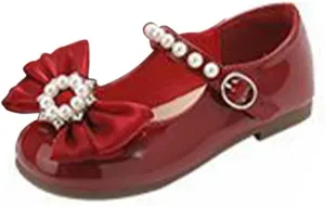 Girls Ballet Flats Bow Pearl Non-Slip Soft Mary Jane Walking Party Dress Shoes for Kids Soft Sole Wedding Shoes