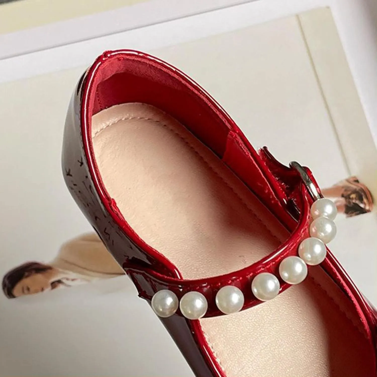 Girls Ballet Flats Bow Pearl Non-Slip Soft Mary Jane Walking Party Dress Shoes for Kids Soft Sole Wedding Shoes