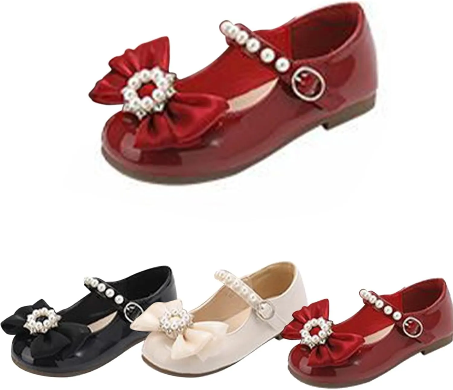 Girls Ballet Flats Bow Pearl Non-Slip Soft Mary Jane Walking Party Dress Shoes for Kids Soft Sole Wedding Shoes