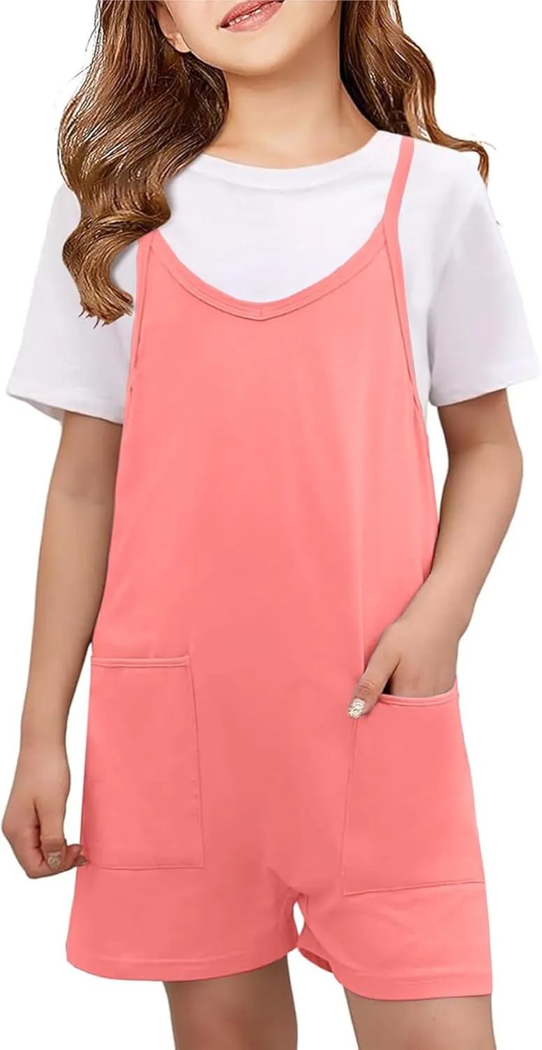 Girl's Casual Sleeveless Short Jumpsuits V Neck Spaghetti Strap Romper with Pocets