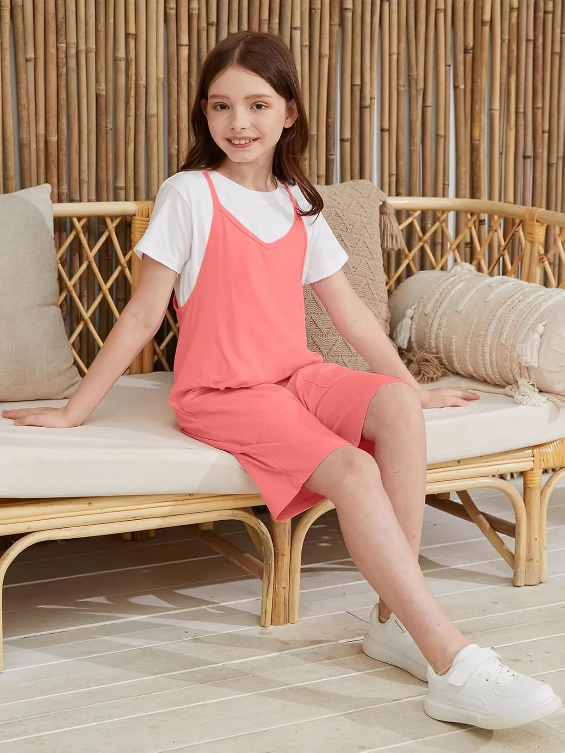Girl's Casual Sleeveless Short Jumpsuits V Neck Spaghetti Strap Romper with Pocets