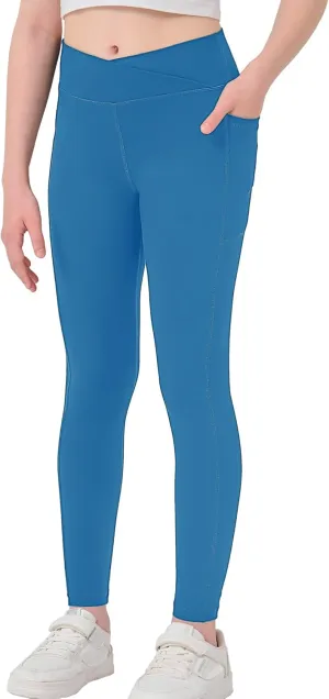 Girls Crossover Yoga Pants, Kids Athletic Leggings with Pockets, Teen Girls Dance Running Workout Leggings
