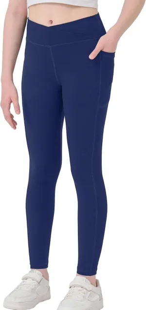 Girls Crossover Yoga Pants, Kids Athletic Leggings with Pockets, Teen Girls Dance Running Workout Leggings