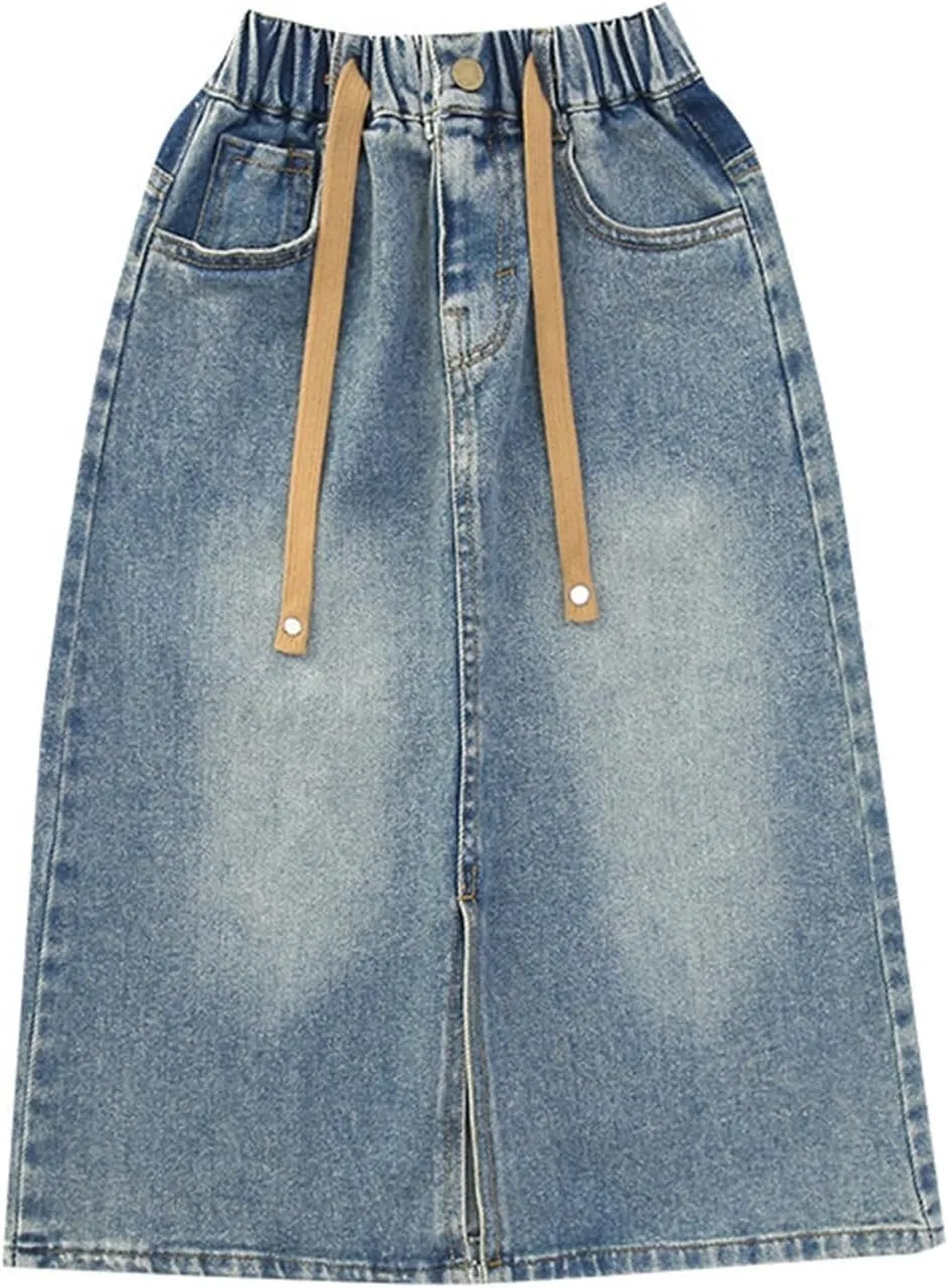 Girls Denim Long Skirts Split Drawstring Kids Elastic Waist Trendy Aesthetic Vintage Dress A Line Cute Loose