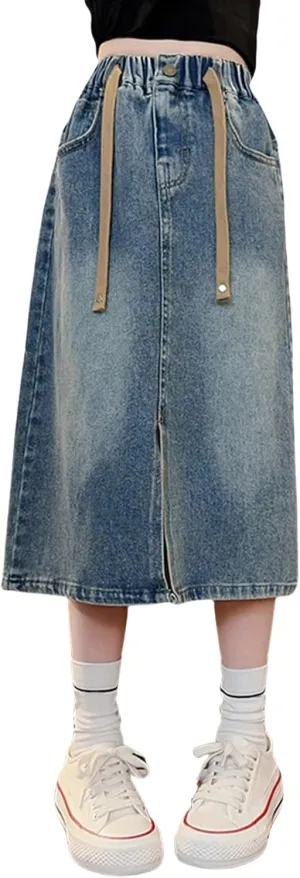 Girls Denim Long Skirts Split Drawstring Kids Elastic Waist Trendy Aesthetic Vintage Dress A Line Cute Loose