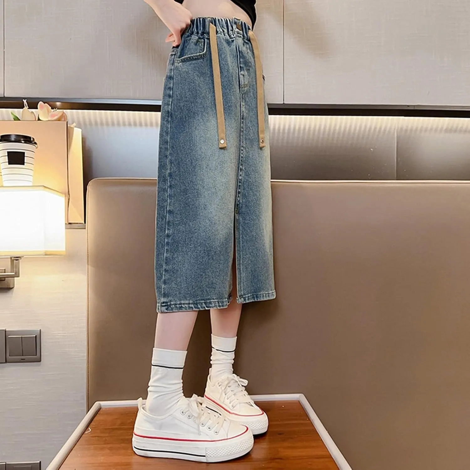 Girls Denim Long Skirts Split Drawstring Kids Elastic Waist Trendy Aesthetic Vintage Dress A Line Cute Loose