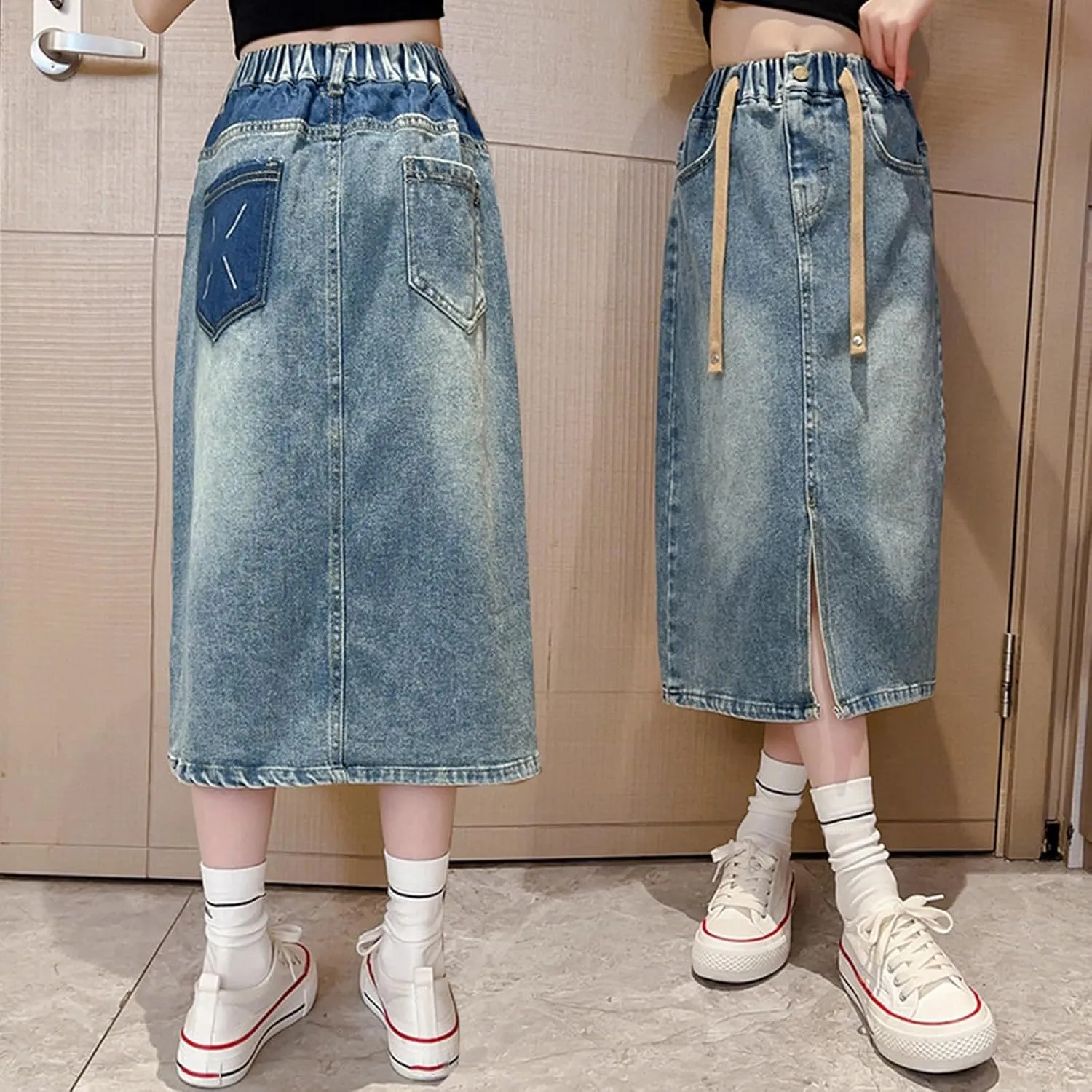 Girls Denim Long Skirts Split Drawstring Kids Elastic Waist Trendy Aesthetic Vintage Dress A Line Cute Loose