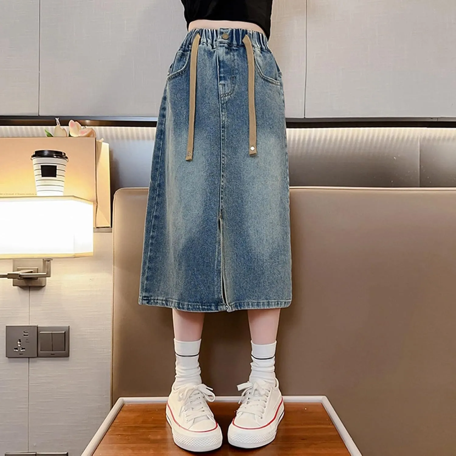 Girls Denim Long Skirts Split Drawstring Kids Elastic Waist Trendy Aesthetic Vintage Dress A Line Cute Loose