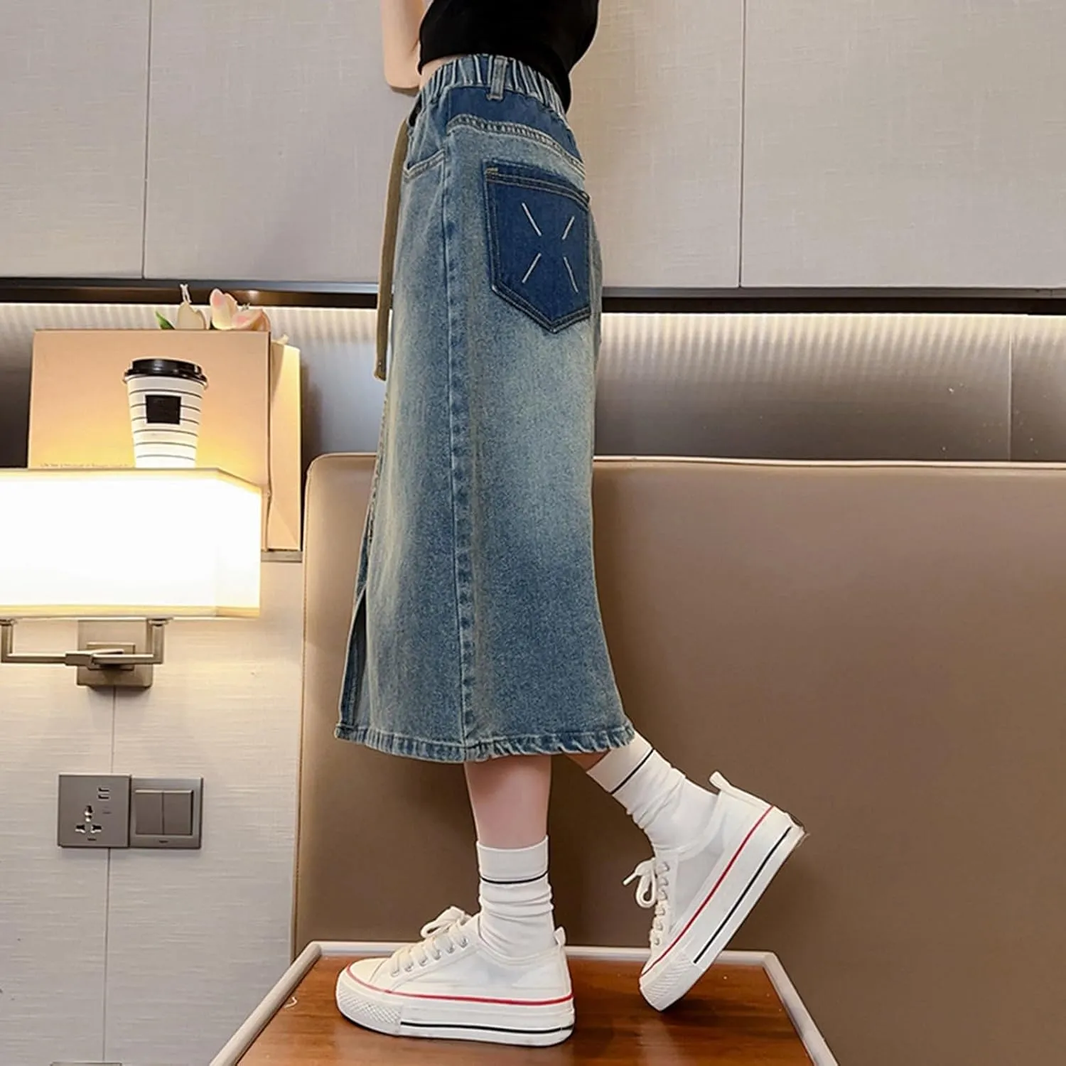 Girls Denim Long Skirts Split Drawstring Kids Elastic Waist Trendy Aesthetic Vintage Dress A Line Cute Loose