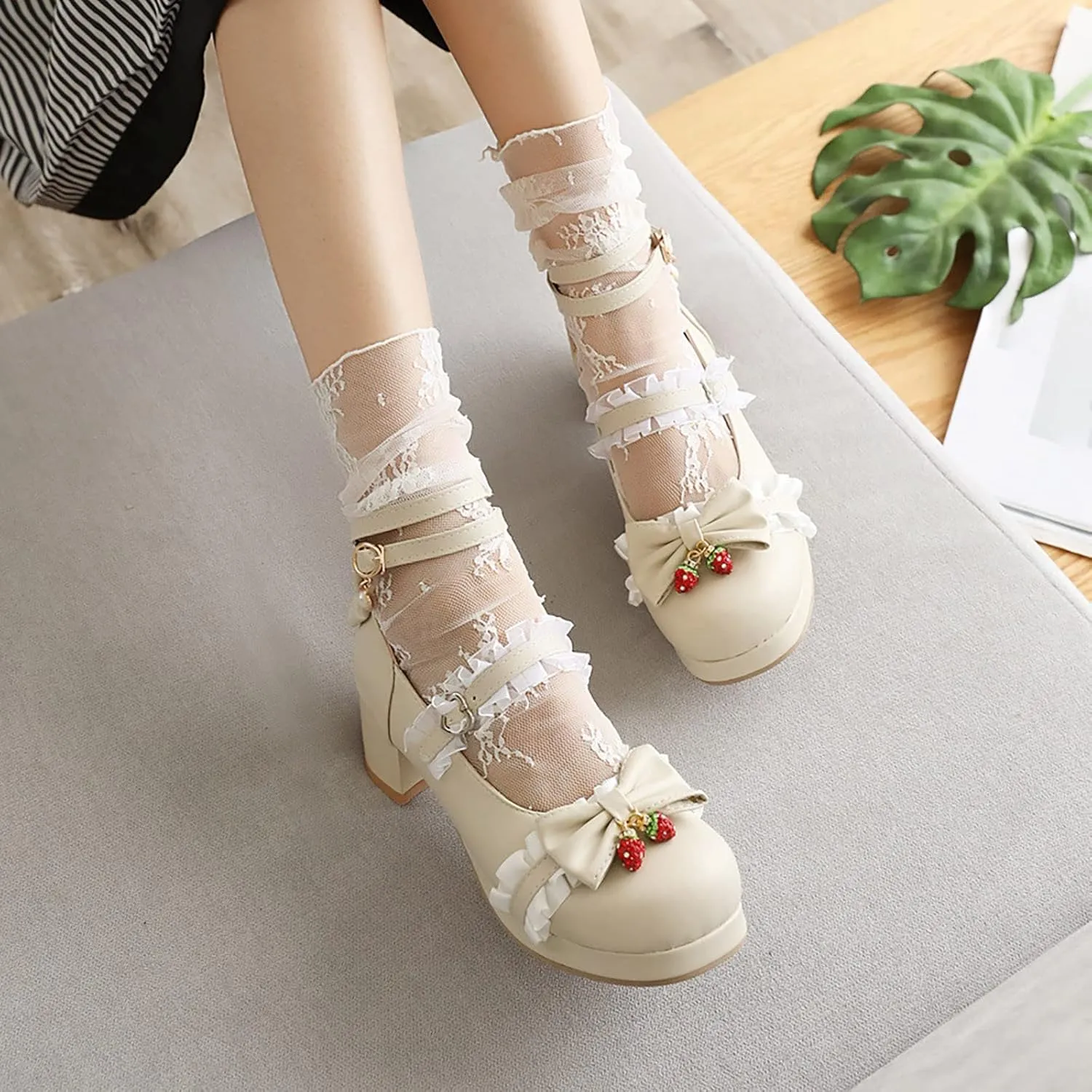 Girls Lolita Shoes Cute Bow Heels Mary Janes Shoes Dress Platform Strappy High Heels Kawaii Shoes Leather Pumps