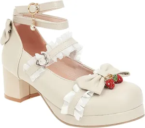 Girls Lolita Shoes Cute Bow Heels Mary Janes Shoes Dress Platform Strappy High Heels Kawaii Shoes Leather Pumps