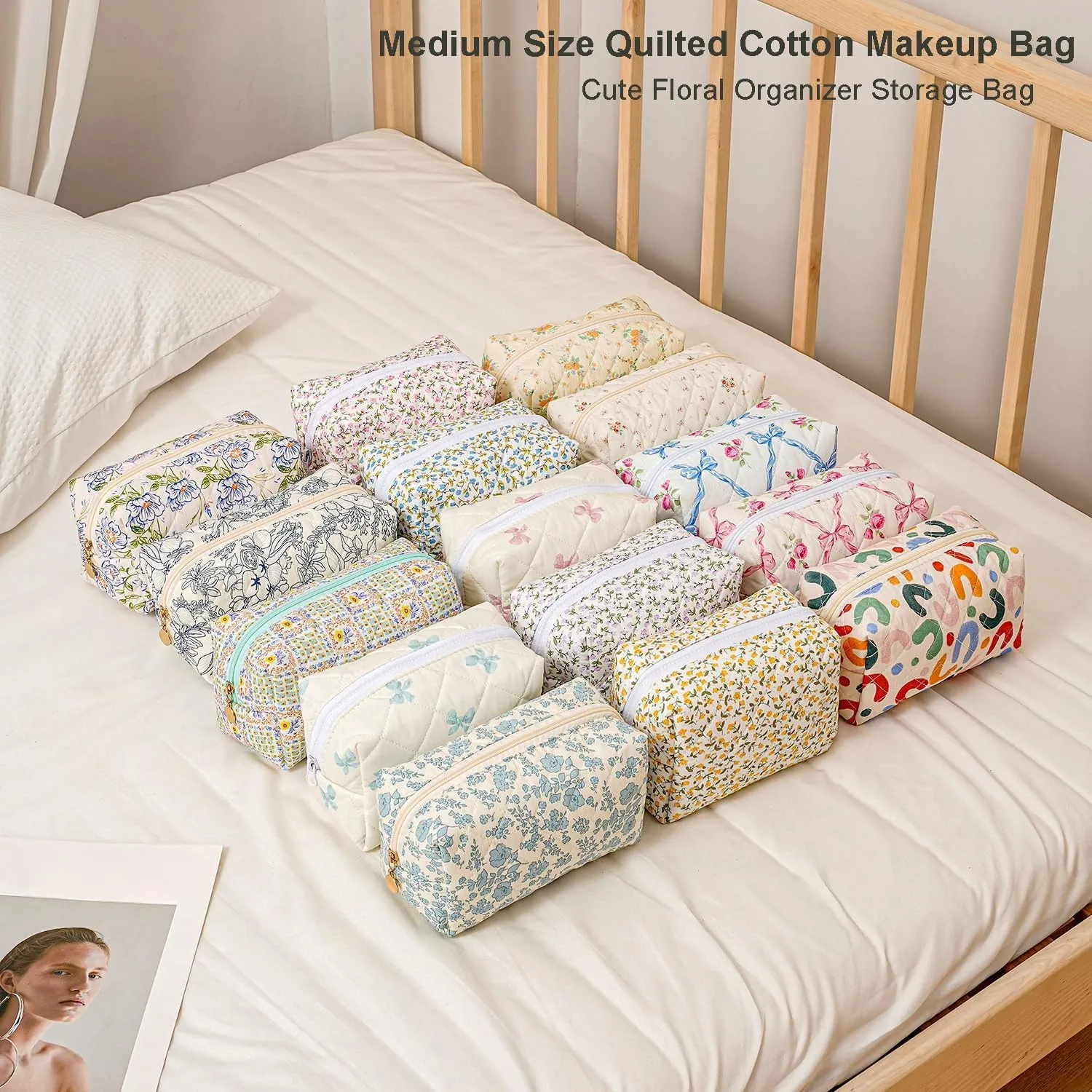 Gleyemor Small Quilted Makeup Bag for Women, Cute Floral Cotton Cosmetic Bag, Travel Toiletry Bag Period Bag Gifts for Her Mom Friend Sister Bridesmaid (White Floral)