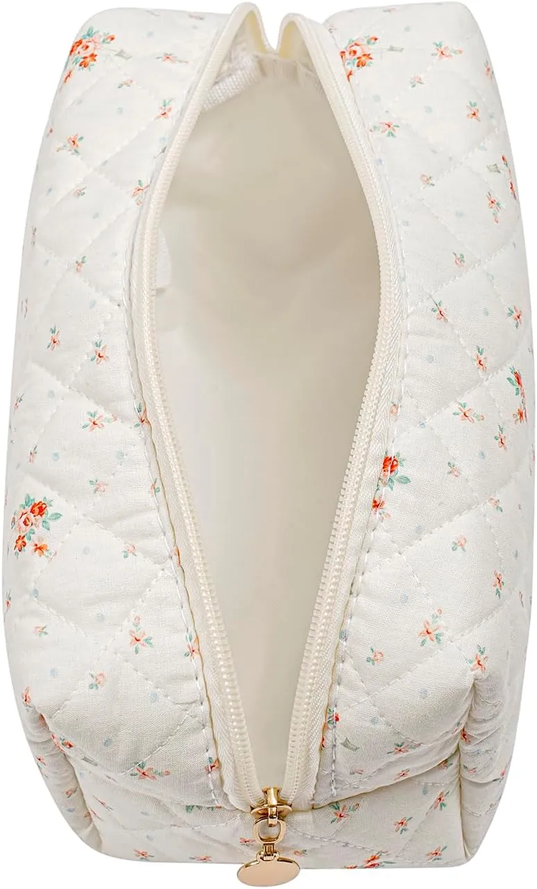 Gleyemor Small Quilted Makeup Bag for Women, Cute Floral Cotton Cosmetic Bag, Travel Toiletry Bag Period Bag Gifts for Her Mom Friend Sister Bridesmaid (White Floral)