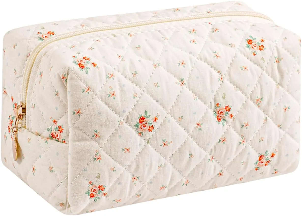 Gleyemor Small Quilted Makeup Bag for Women, Cute Floral Cotton Cosmetic Bag, Travel Toiletry Bag Period Bag Gifts for Her Mom Friend Sister Bridesmaid (White Floral)