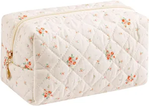 Gleyemor Small Quilted Makeup Bag for Women, Cute Floral Cotton Cosmetic Bag, Travel Toiletry Bag Period Bag Gifts for Her Mom Friend Sister Bridesmaid (White Floral)