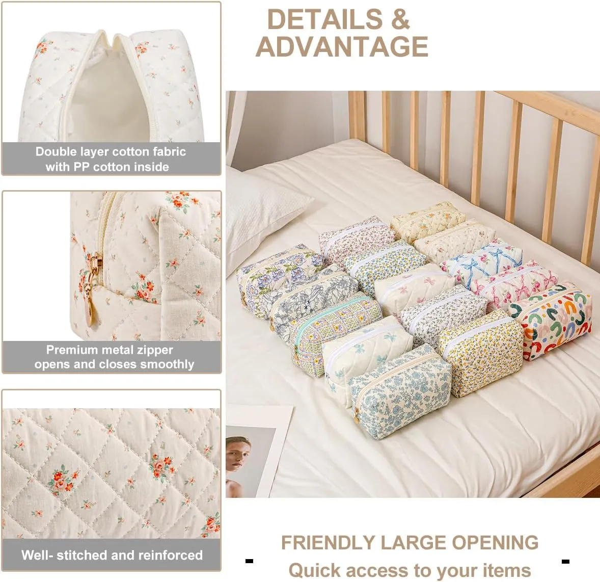 Gleyemor Small Quilted Makeup Bag for Women, Cute Floral Cotton Cosmetic Bag, Travel Toiletry Bag Period Bag Gifts for Her Mom Friend Sister Bridesmaid (White Floral)