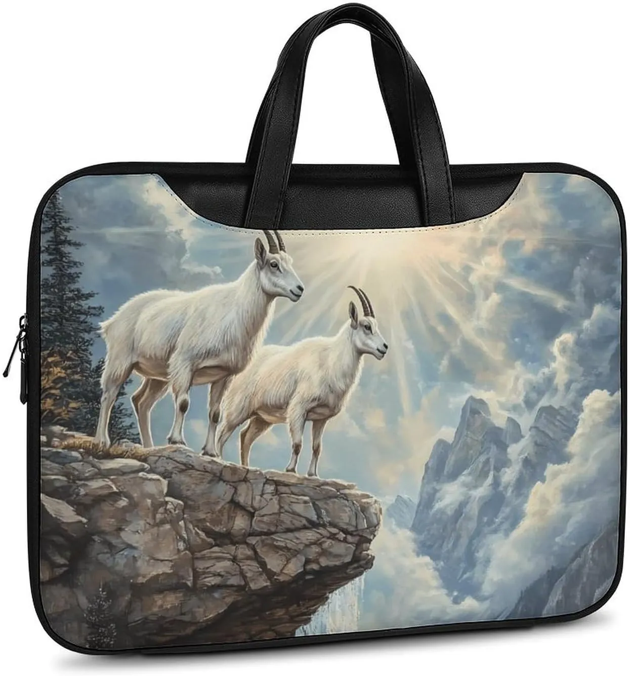 Goats Lambs Snow Mountain River Leather Bag Laptop Case Slim Water Resistant Computer Bags with Handle Briefcase for Work