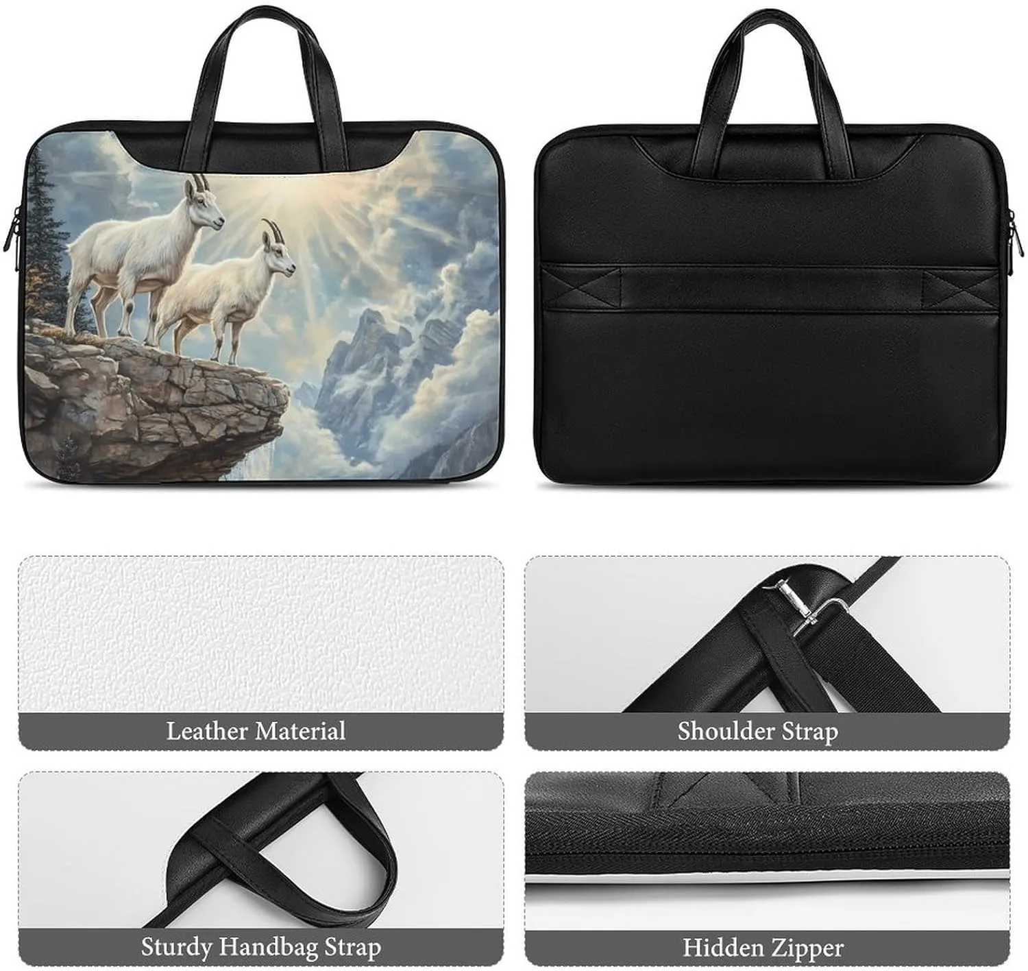 Goats Lambs Snow Mountain River Leather Bag Laptop Case Slim Water Resistant Computer Bags with Handle Briefcase for Work