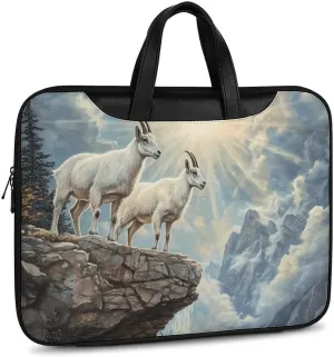 Goats Lambs Snow Mountain River Leather Bag Laptop Case Slim Water Resistant Computer Bags with Handle Briefcase for Work
